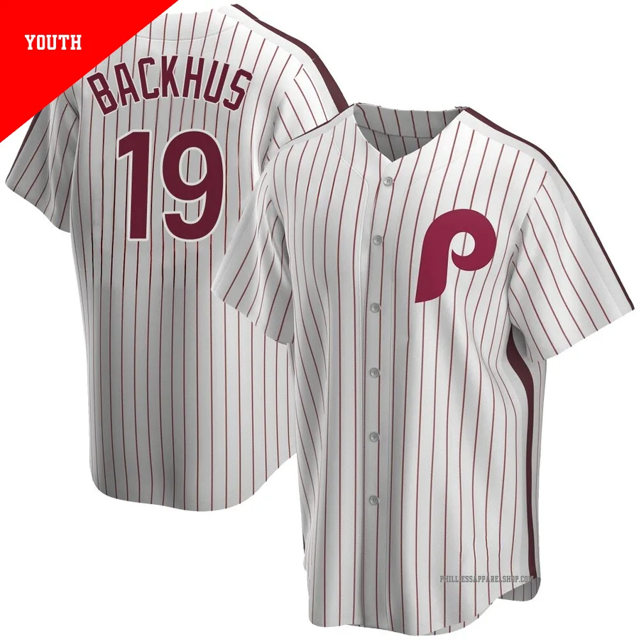 Philadelphia Phillies ＃19 Kyle Backhus Youth White Replica Home Cooperstown Collection Jersey