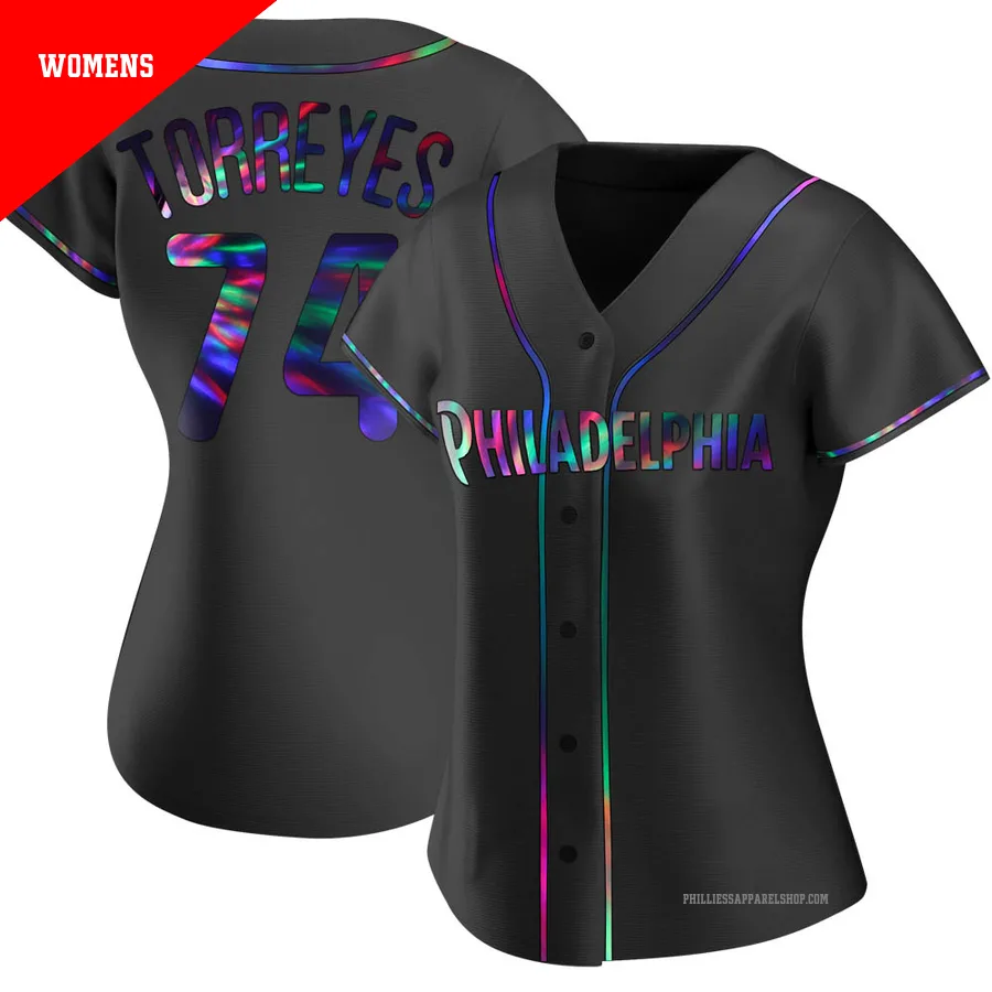 Philadelphia Phillies ＃74 Ronald Torreyes Women's Black Replica Holographic Alternate Jersey